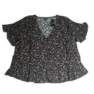 Torrid Challis V-Neck Top Black background & a blue & beige floral paisley print